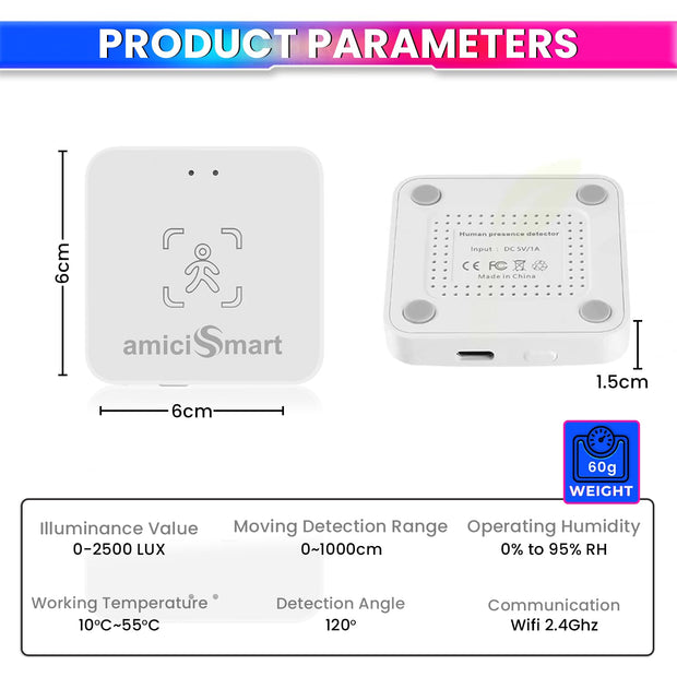 24G Radar Human Presence Detector, mmWave Motion Sensor- Smart Life App Compatible | Photocell Sensor for Light Intensity Detection amiciKart