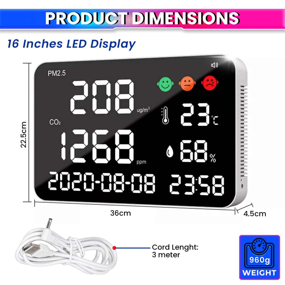 amiciSense 6-in-1 Wall Mount Air Quality Monitor – PM2.5, CO2, Temperature, Humidity, Time & Date | 16" Large LED Display | Real-Time Monitoring