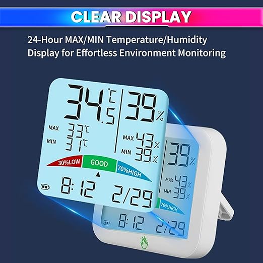 Digital Hygrometer Thermometer with LCD Display – Temperature & Humidity Monitor with Clock