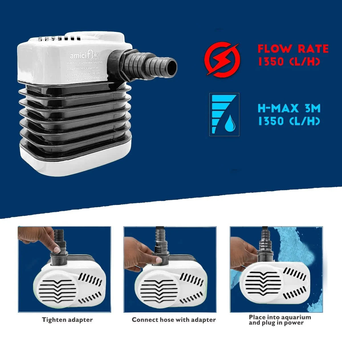 40W Submersible Water Pump, 3M Lift 1350L/H Flow Rate Pump for Cooler Aquarium Fountain