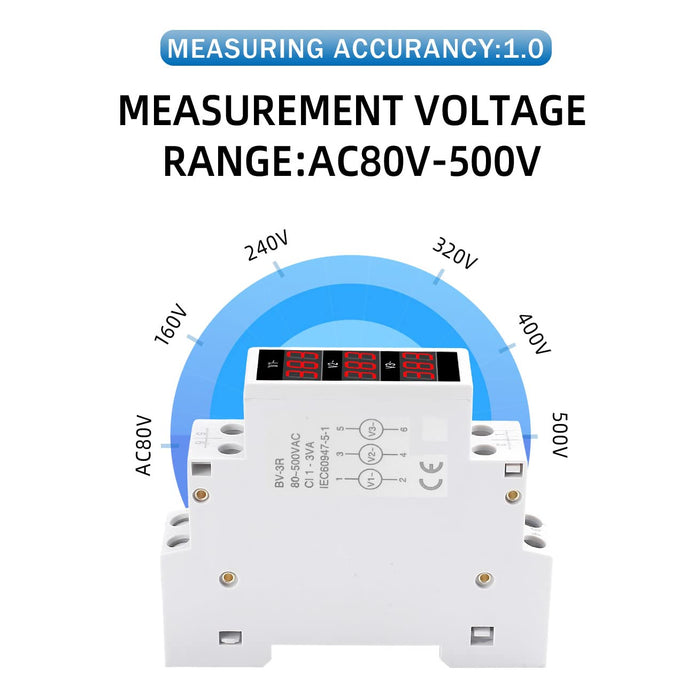 3-Phase Voltage Meter, AC 80-500V Mini Voltage Tester with Accurate LED Display Reading & Din Rail Mount