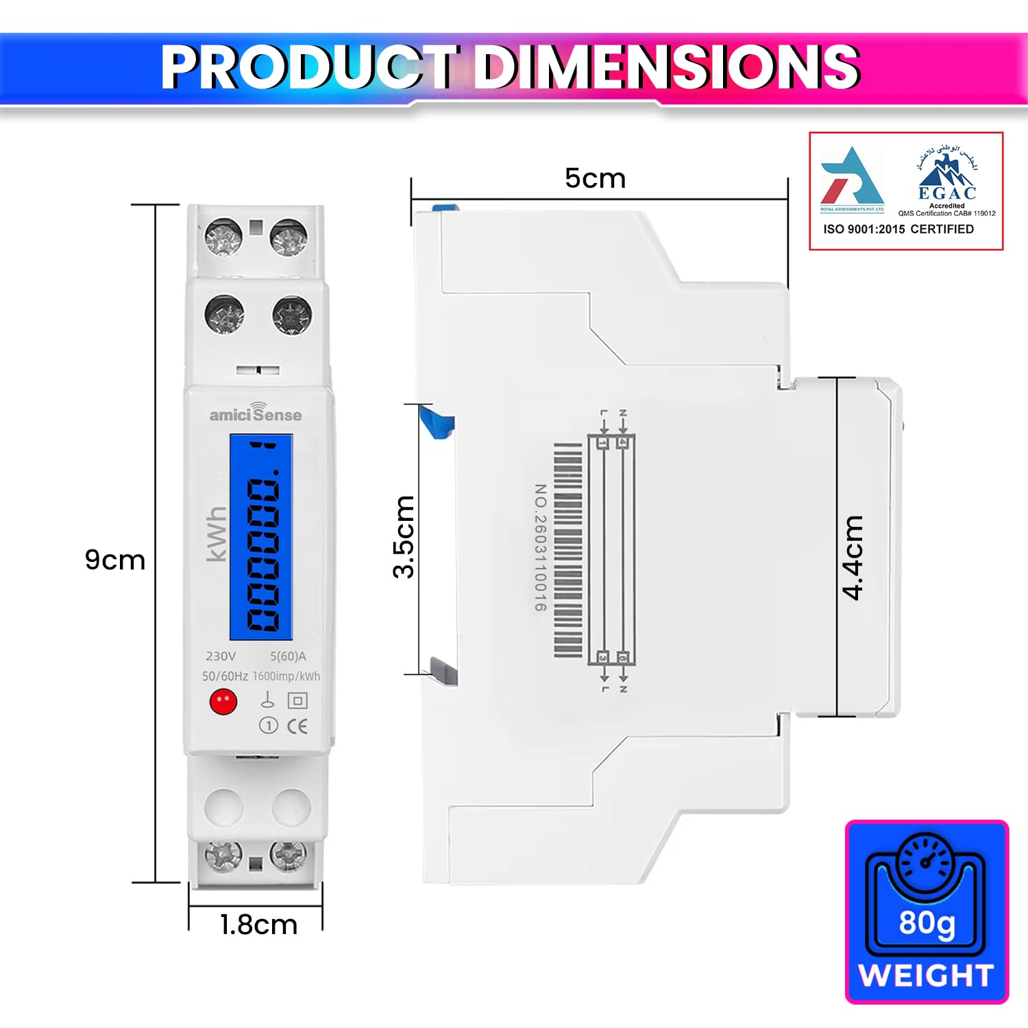 18mm Digital Energy Meter Single Phase 1P 2 Wire 230V AC 60A | kWh Power Consumption with LCD Display
