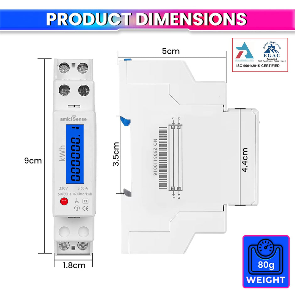 18mm Digital Energy Meter Single Phase 1P 2 Wire 230V AC 60A | kWh Power Consumption with LCD Display