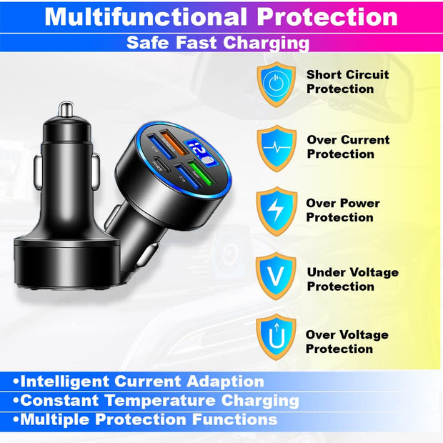 amiciAuto True 65W Car Charger, Universal 5-Port QC 3.0 Car Charger with 4 USB and 1 PD Port for All Your Devices with Battery Voltage Monitoring