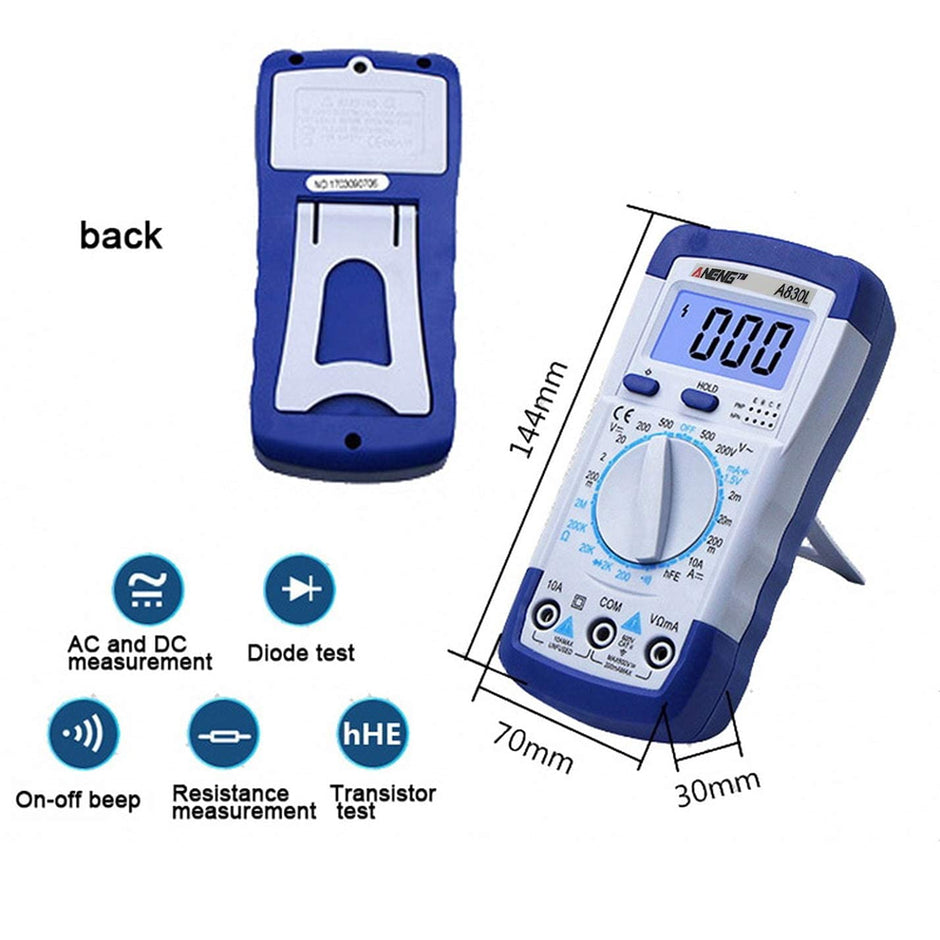 830L Digital Multimeter, 1999 Count AC/DC Voltage, Current, Resistance, Diode, hFE Test with 9V Battery