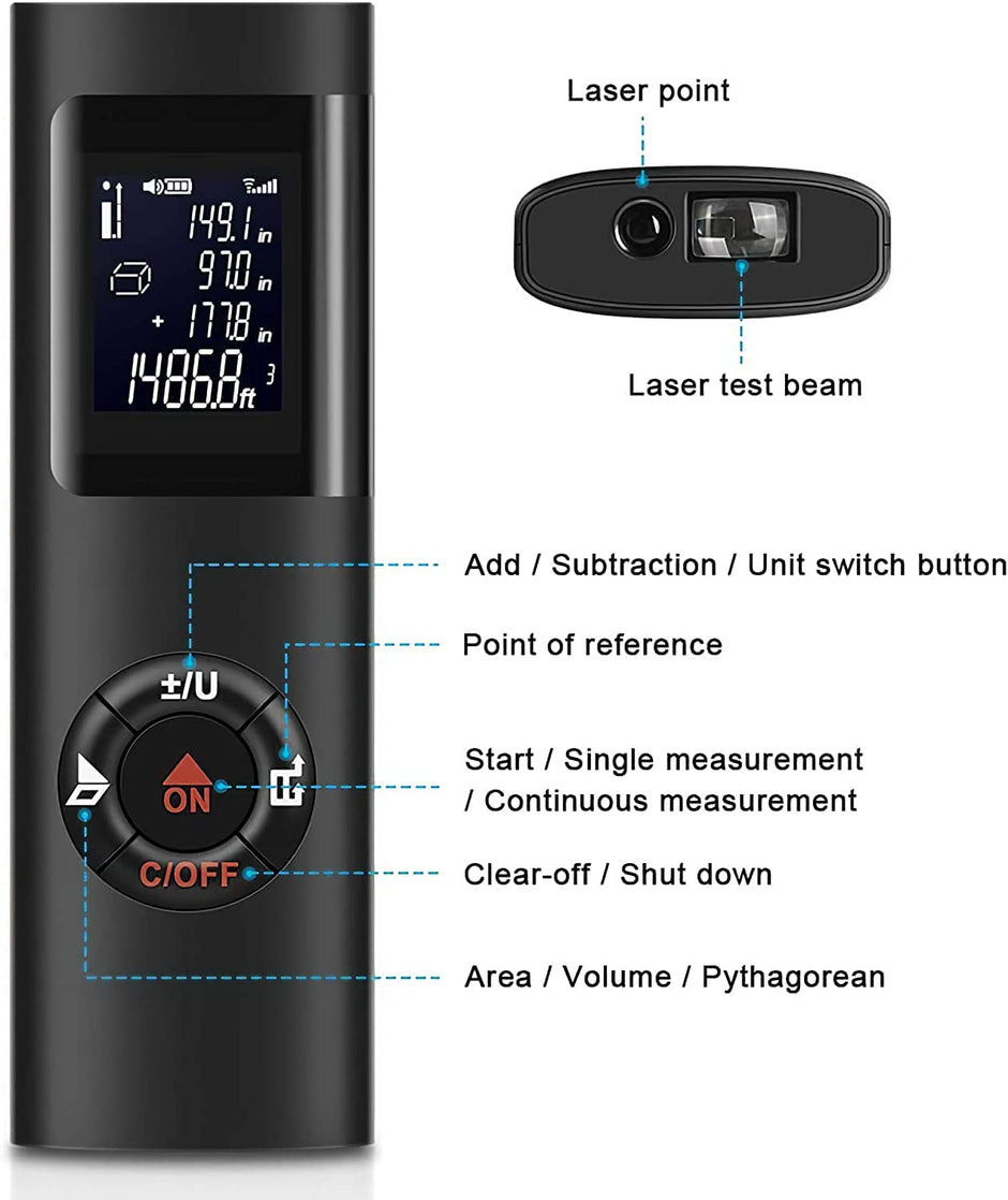 Laser Distance Meter, 40M Multi-Functional Laser Sensor for Area/Volume/Pythagorean Measuring Tool with Back-Lit, Auto Power Off and USB Rechargeable