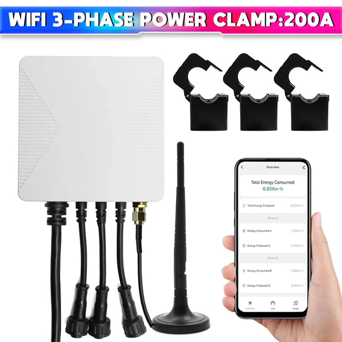 3-Phase WIFI Power Monitoring Device with SmartLife App Connectivity and 3-200A External CT for Real-Time Energy Tracking