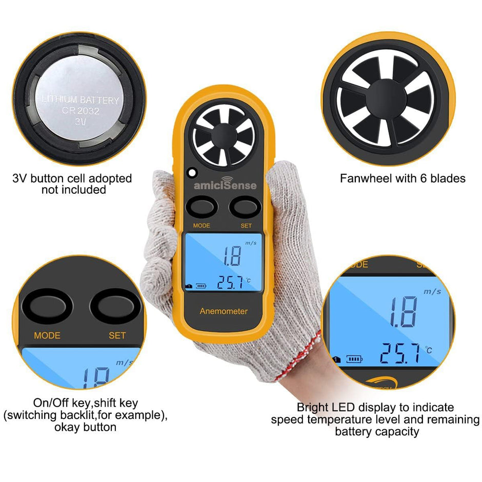 amiciSense GM816 Pocket LCD Digital Anemometer Air Wind Speed Gauge with Temperature Measurement and 1 Year Warranty