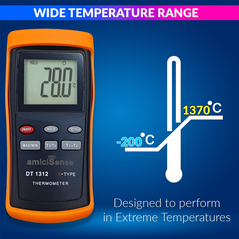 2-Channel K-Type Thermocouple Thermometer, -200°C to 1370°C, High Precision Handheld Temp Meter with 4×AAA Batteries