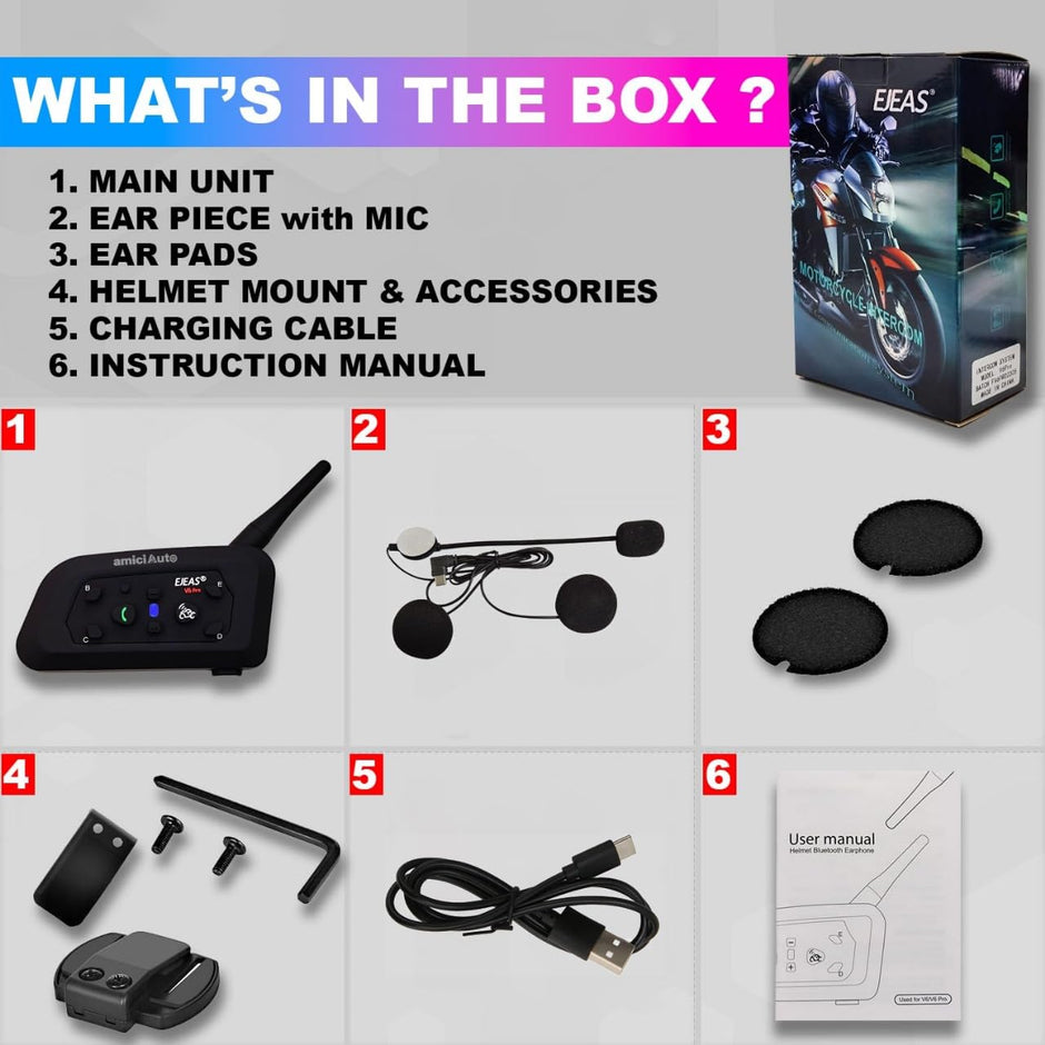 Ejeas V6 Pro Helmet Bluetooth Intercom for 6 Riders, Headphone with Mic (Double Unit) amiciKart c0tmiz-hs.myshopify.com