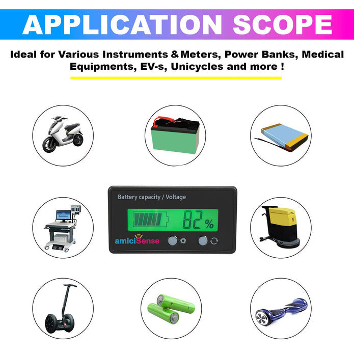 8-70V Battery Capacity Indicator With LCD Voltage & Charge Display for Lead Acid Batteries in E-Rickshaw/E-Bikes