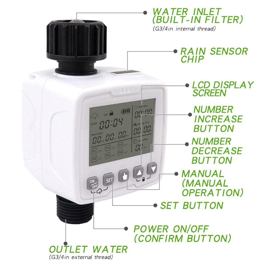 Automatic Irrigation Timer with Rain Sensor, 6 Programs, Child Lock & Battery Operated
