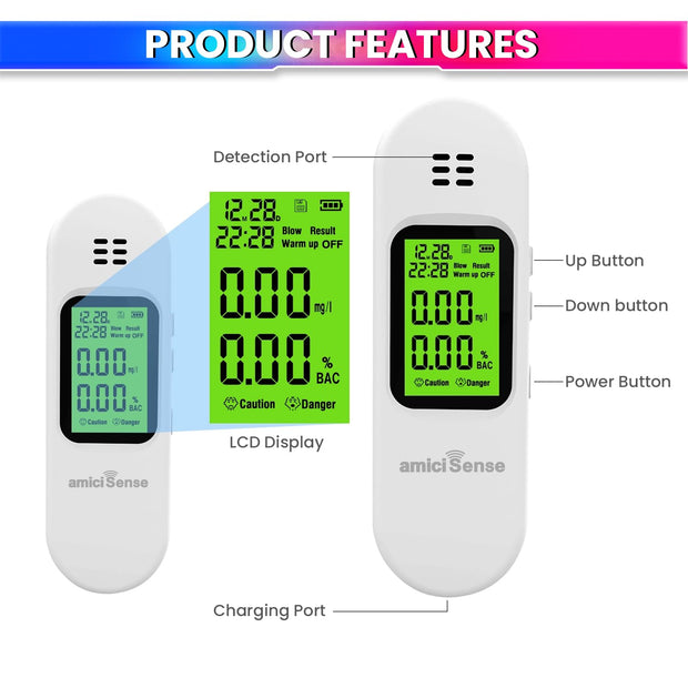 Handheld Alcohol Tester with Advanced Sensor & Data Download, USB Rechargeable amiciKart