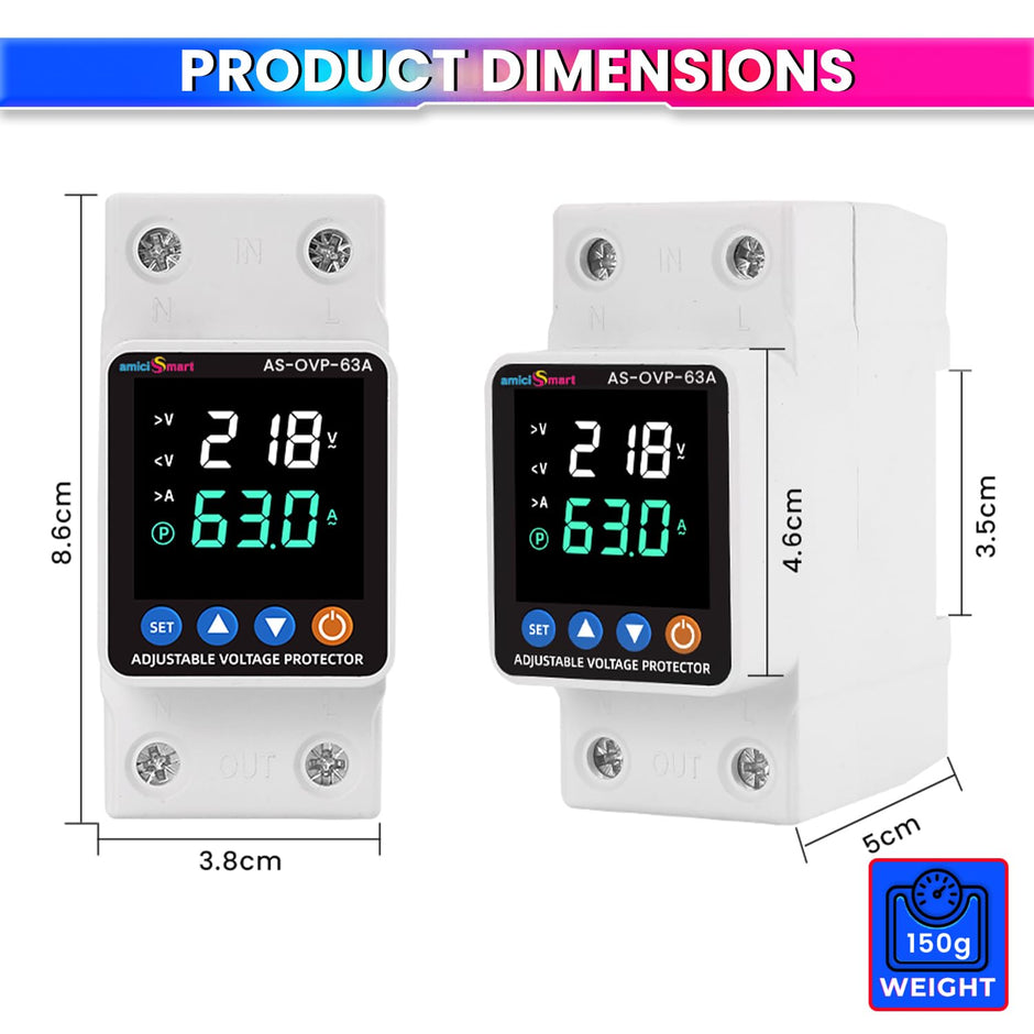 Automatic Over/Under Voltage and Overload Protection Device 63A DIN-Rail with LED Display Adjustable Reconnect & Auto Recovery