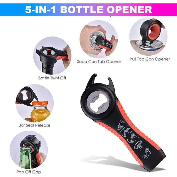 amiciCare 5-in-1 Bottle Opener - Versatile Multi-Function Tool for Twist-Off Caps, Metal Caps, Jar Lids and Cans