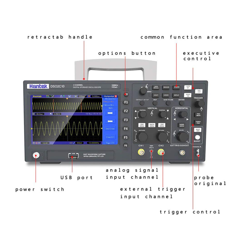 Hantek DSO2C10 Digital Oscilloscope 2 Channels 100Mhz USB Storage Oscilloscope 1GSa/s Sample Rate