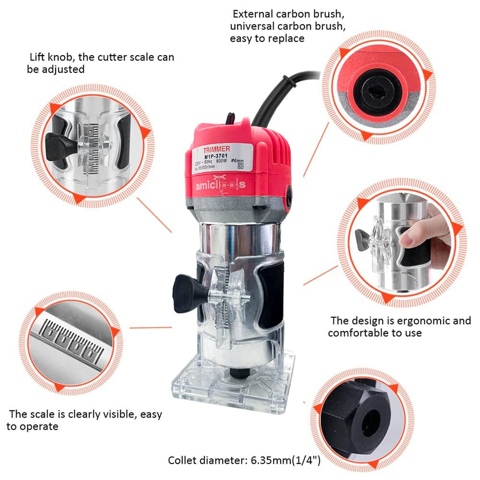 800W Electric Wood Trimmer 220V 30000RPM 6mm Collect Chuck Woodworking Tool for Wood Trimming