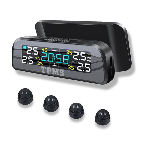 Wireless Car TPMS, Solar Powered Tyre Pressure Monitoring System with External Sensor for 4 Wheeler, with Dashboard Clock amiciKart