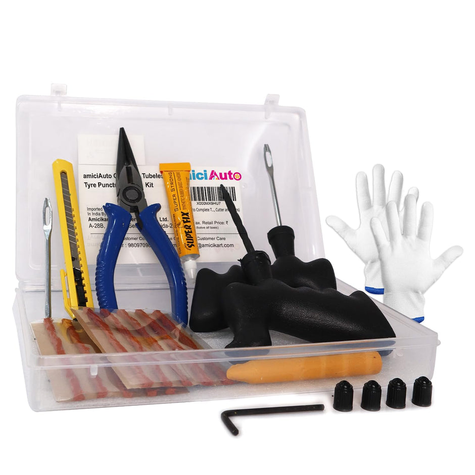 Complete Tubeless Tyre Puncture Repair Kit with Box (Nose Pliers, Cutter and Strips) amiciKart