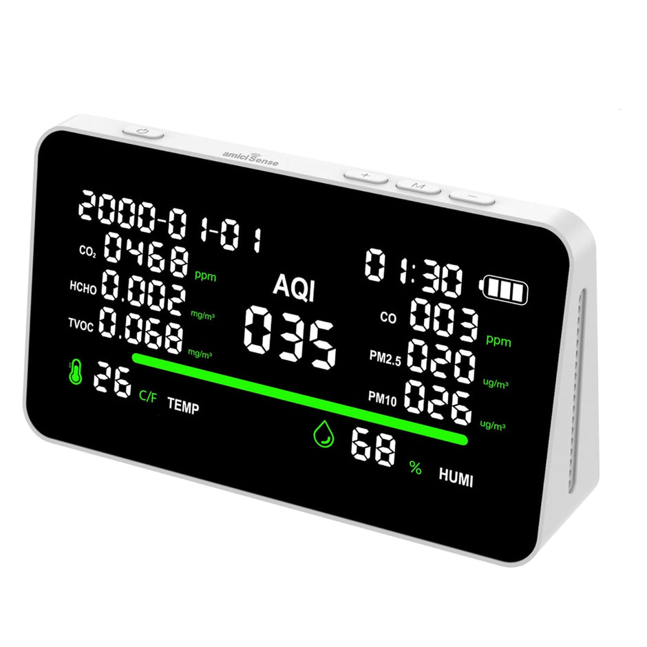 11-in-1 Air Quality Detector | CO₂, CO, PM2.5, PM10, HCHO, TVOC, AQI Monitor with Temperature & Humidity