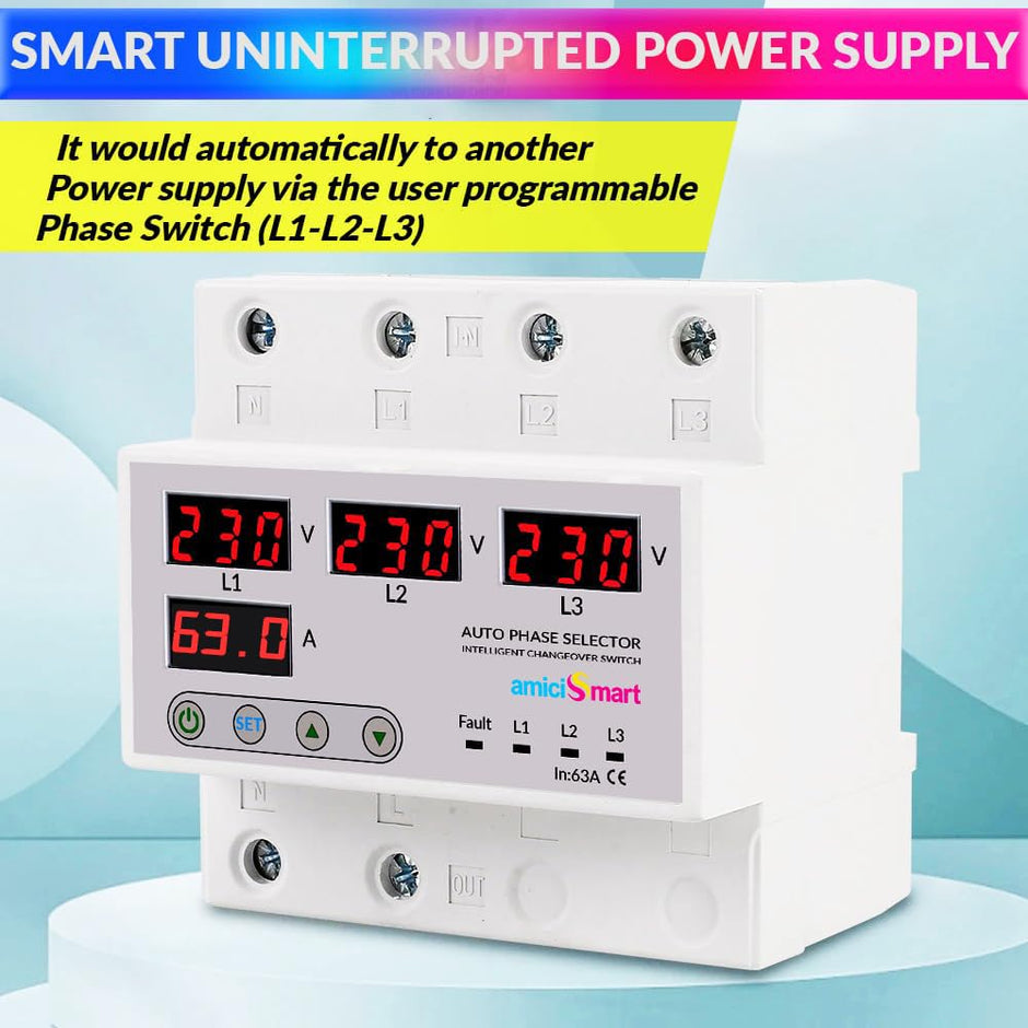 amiciSmart Intelligent 3 Phase to 1 Phase Selector/Changeover Switch with Over/Under Voltage Protection and Over Load Protection 230VAC