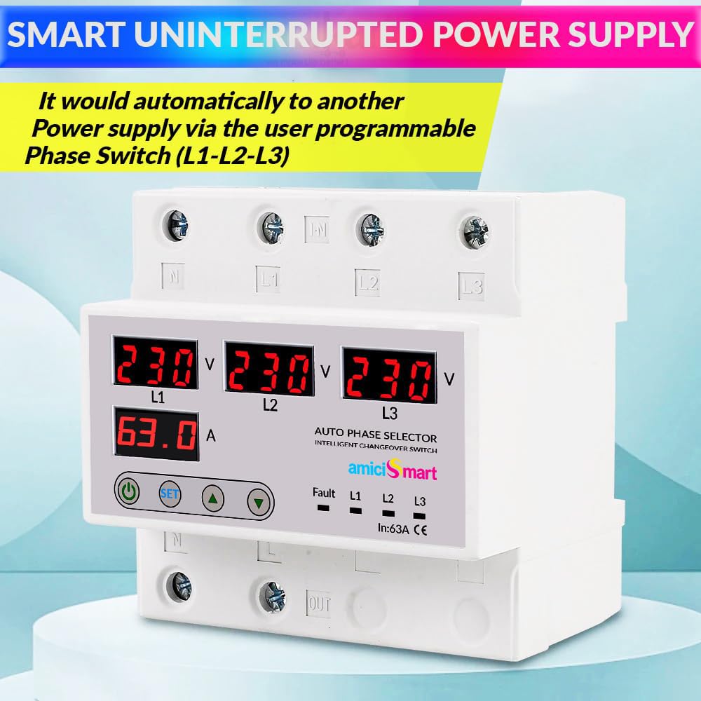 amiciSmart Intelligent 3 Phase to 1 Phase Selector/Changeover Switch with Over/Under Voltage Protection and Over Load Protection 230VAC