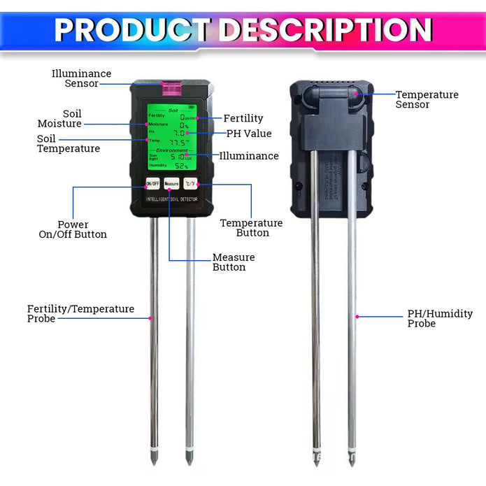 6-in-1 Soil Tester – Dual 180mm Probes -pH, Moisture, Temp, Fertility, Humidity & Sunlight Analyzer
