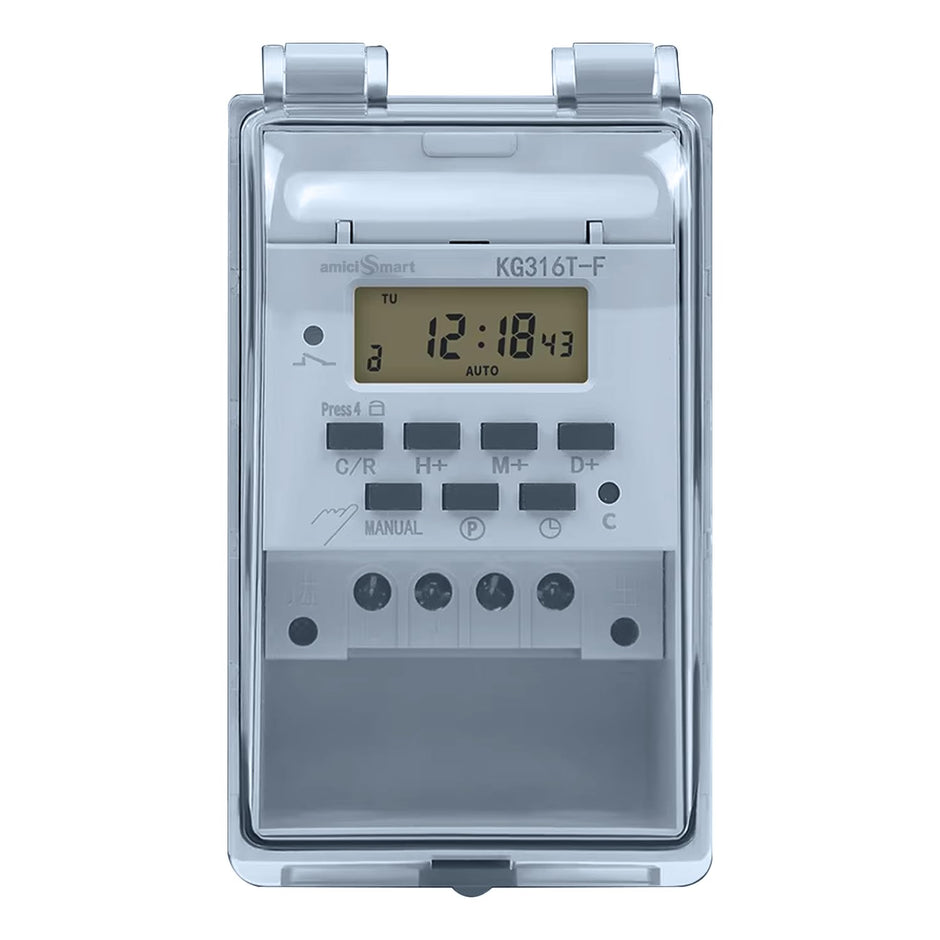 amiciSmart 230V 30A Digital Programmable Timer Switch with Loop Mode | IP65 Waterproof | 20 ON/Off Schedules | LCD Display | Auto Keyboard Lock |