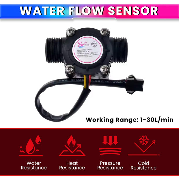 amiciSense G1/2 Water Flow Meter Sensor | Hall Effect Flow Sensor | 1-30L/min Testing Range | Accurate Water Flow Measurement