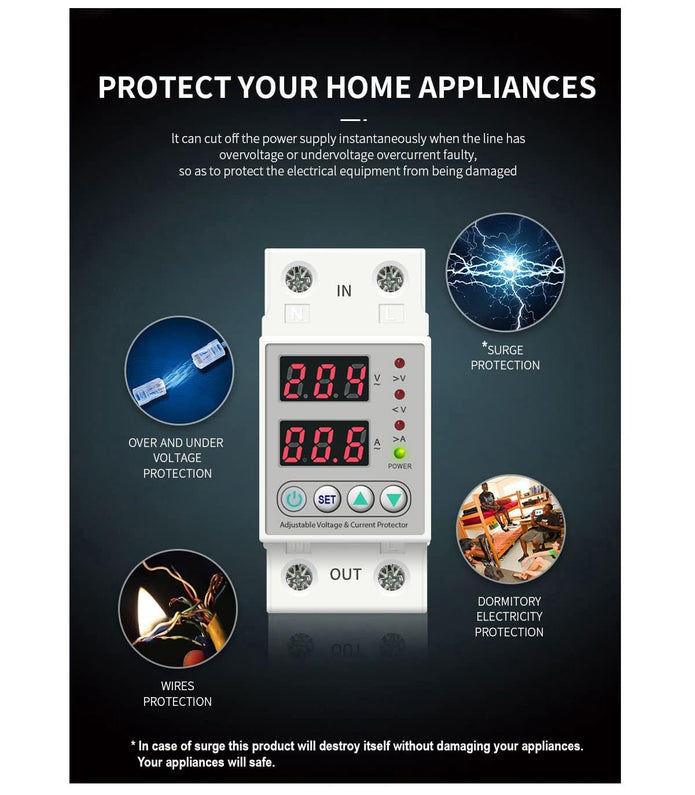 Single Phase Automatic Voltage Protector with Over/Under Voltage & Overload Protection with Auto-Reconnect & LED Display (80A)