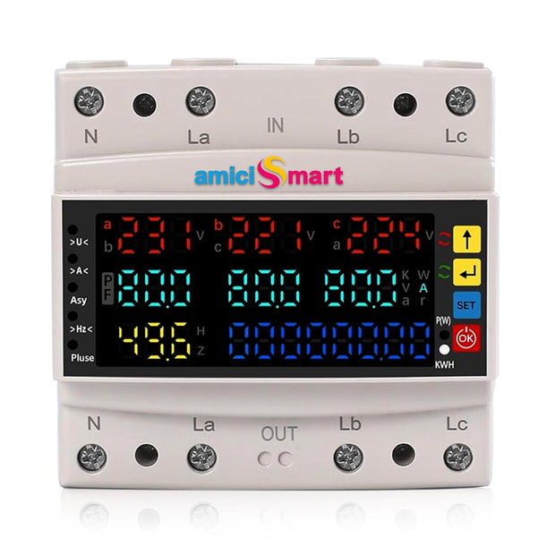 3-Phase Energy Meter 80A – Auto-Reconnect, Over/Under Voltage & Current Protection with LCD Display