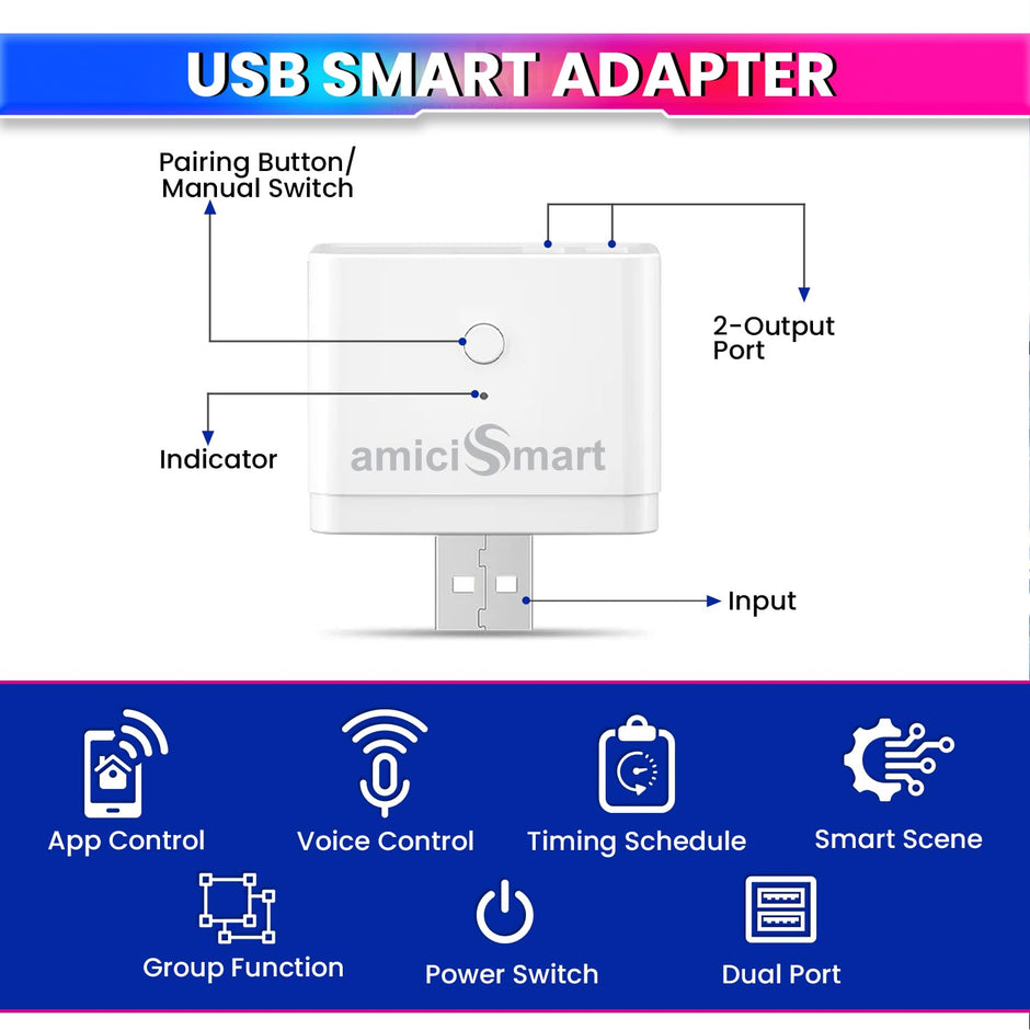 Mini USB Adapter Switch with 2 USB Ports ? Voice Assistant & SmartLife App Compatible, Timer Function for Automated Control