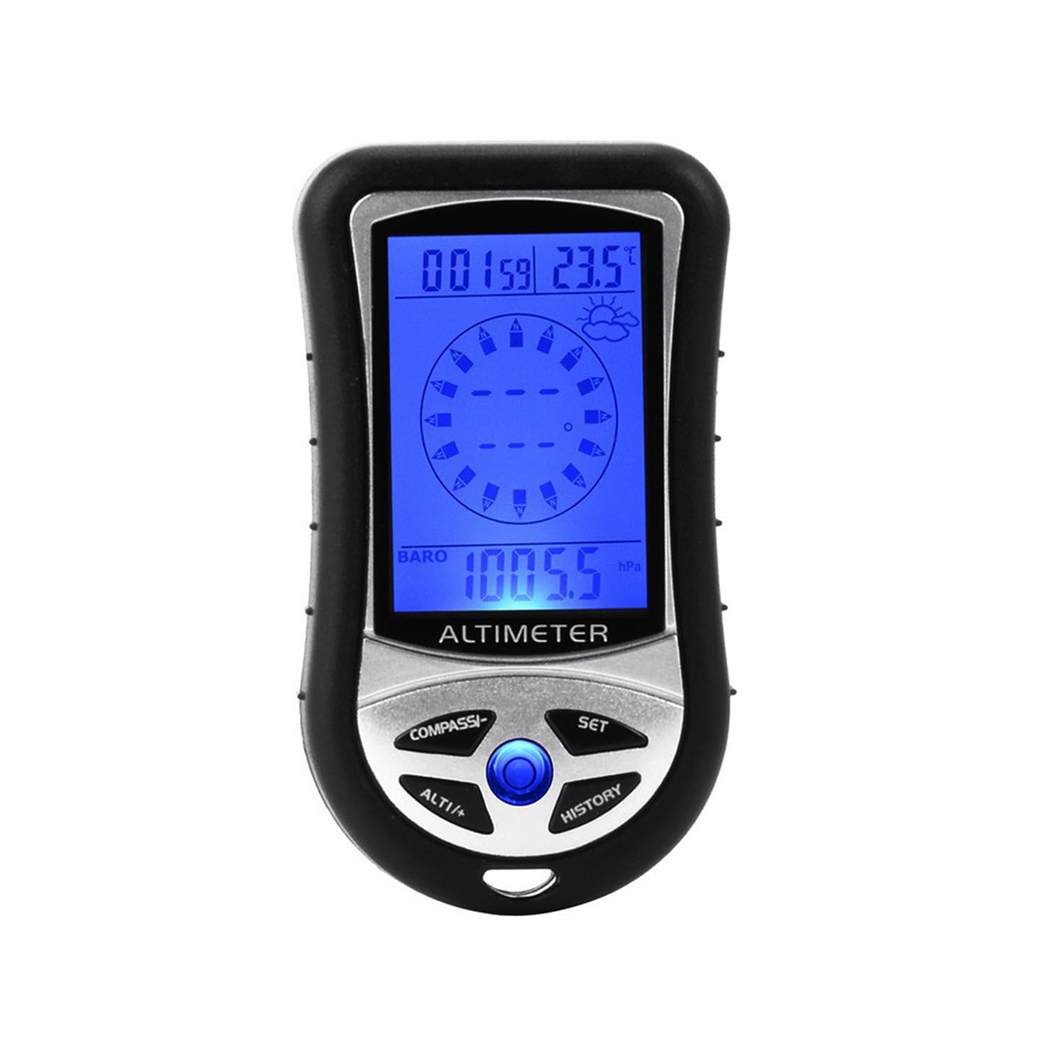 amiciSense Ultra Practical 8 in 1 Digital Compass Altimeter Barometer Thermometer Weather Forecast Time Height Gauge LCD Backlight with 2xAAA Battery