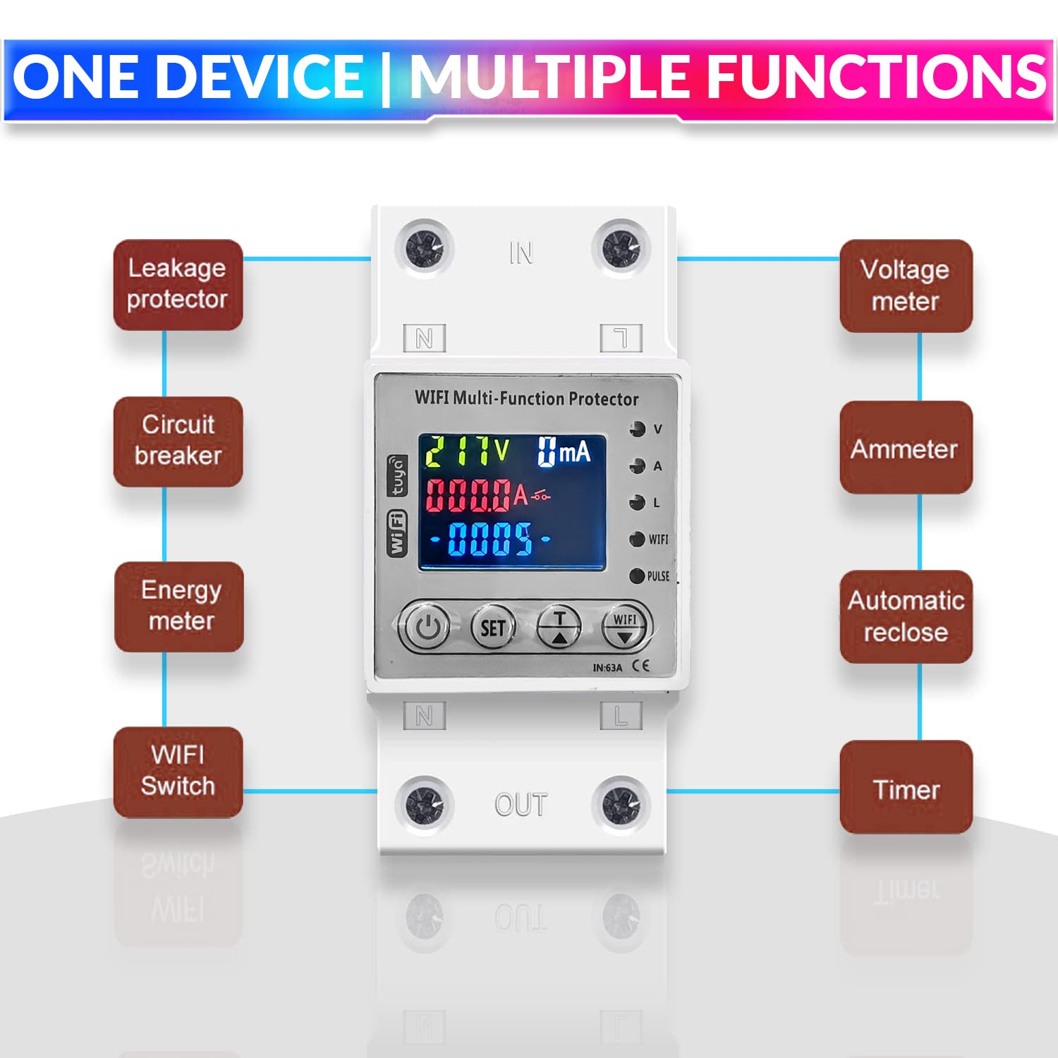 Wi-Fi Smart Energy Meter Over/Under Voltage, Overload & Leakage Protection with Real-Time Monitoring Din Rail Mount amiciKart
