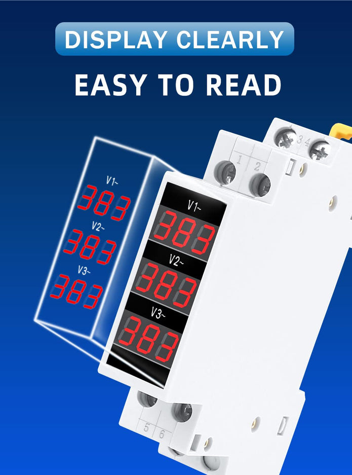 3-Phase Voltage Meter, AC 80-500V Mini Voltage Tester with Accurate LED Display Reading & Din Rail Mount
