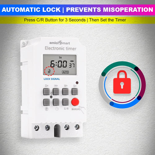Programmable Timer Switch – 220V, 25A, 1 Sec Interval | Auto On/Off for Light & Fan amiciKart