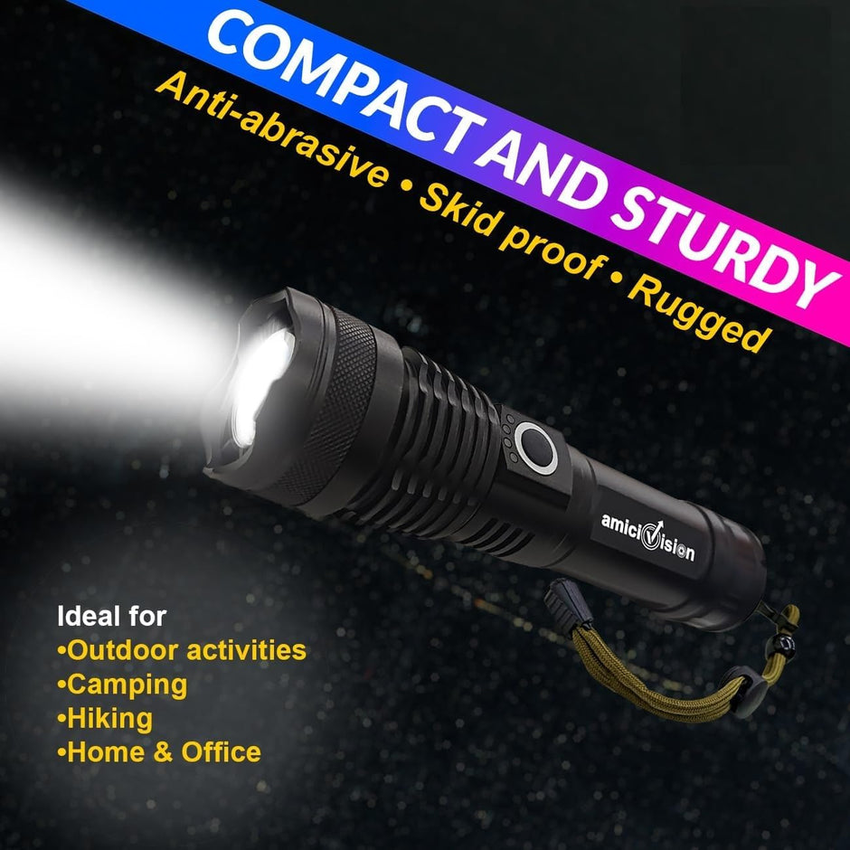 Rechargeable Flashlight With Zoom Function- Led Metal Torch With 5 Lighting Modes