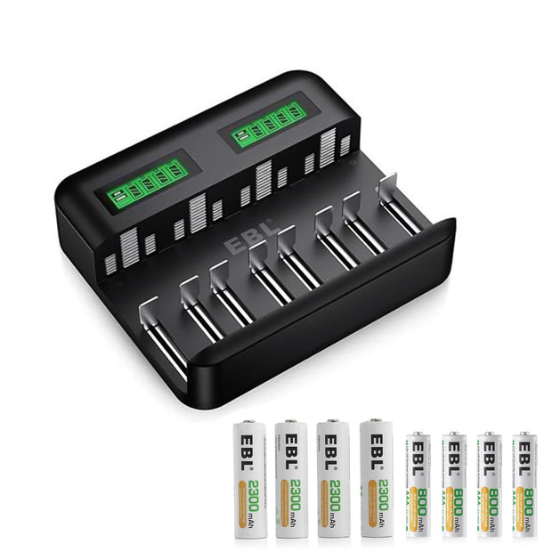 8-Bay LCD Universal Battery Charger with 4×AA (2300mAh) & 4×AAA (800mAh) Ni-MH Batteries