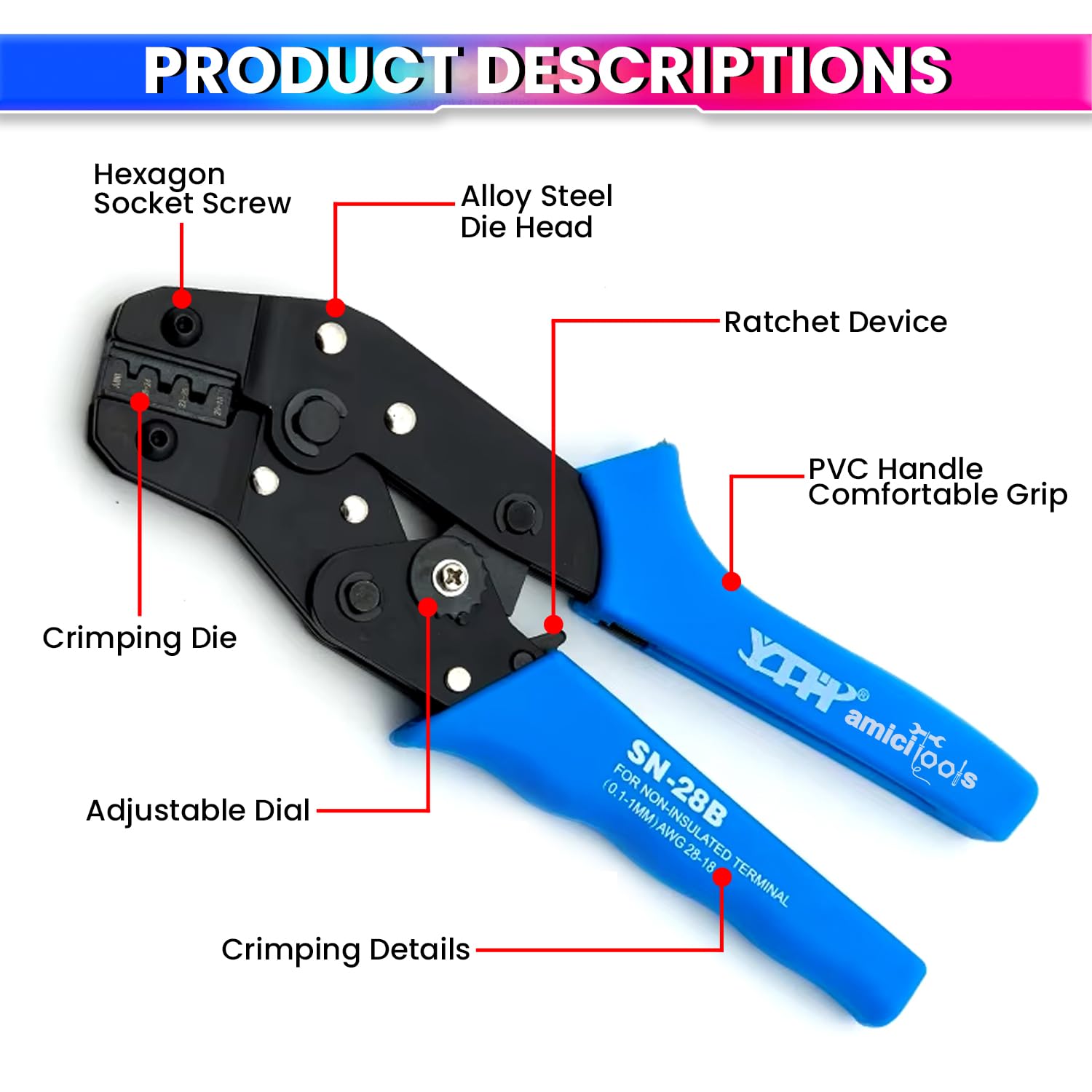 18-28 AWG Electric Wire Crimping Tool, Adjustable Ratchet Precision Crimper for Electric Wires & Terminals Ergonomic, Durable & Easy to Use amiciKart