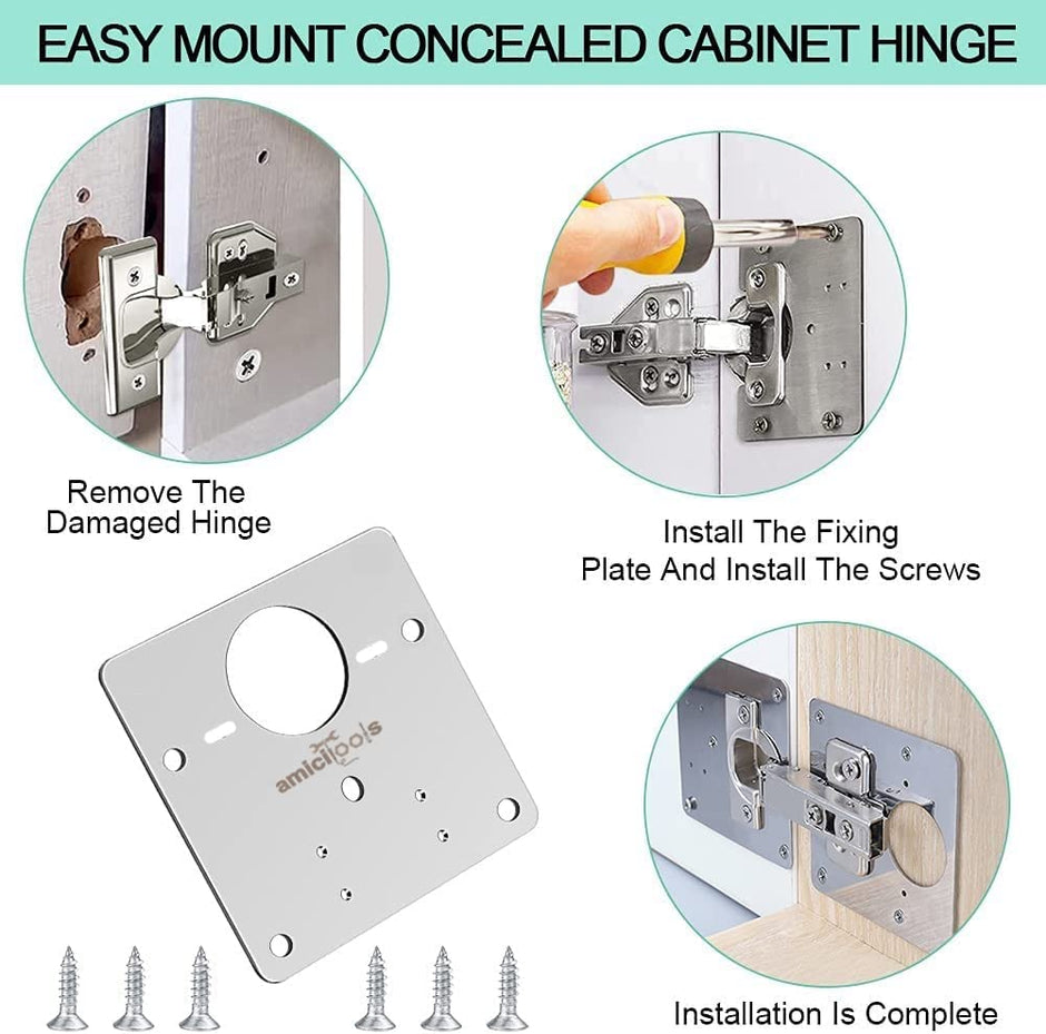 Stainless Steel (SS202) Hinge Repair Plate with Mounting Screws for Furniture, Shelves, Cabinet Protection (8-Pcs)