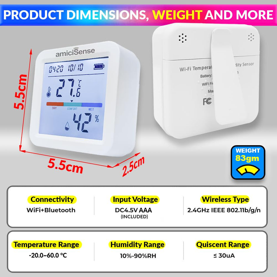 amiciSense WiFi Temperature Humidity Sensor, Thermometer Hygrometer with Data Export Feature Compatible with SmartLife App