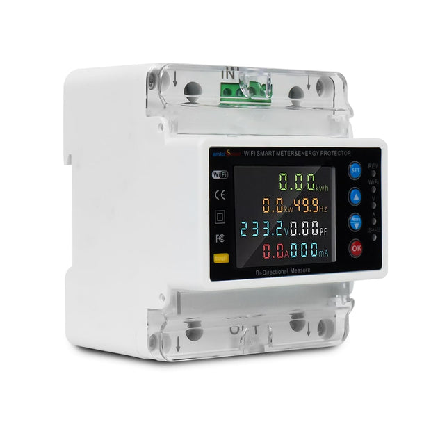 WiFi Bi-Directional Energy Meter 80A Single Phase Adjustable Over/Under Voltage, Current & Leakage Protection Auto Reconnect