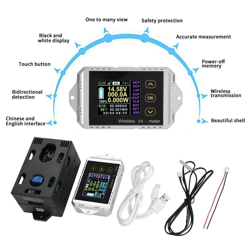 DC 100A 120V Wireless Coulometer, Battery Monitor with Voltage, Current, Power Display