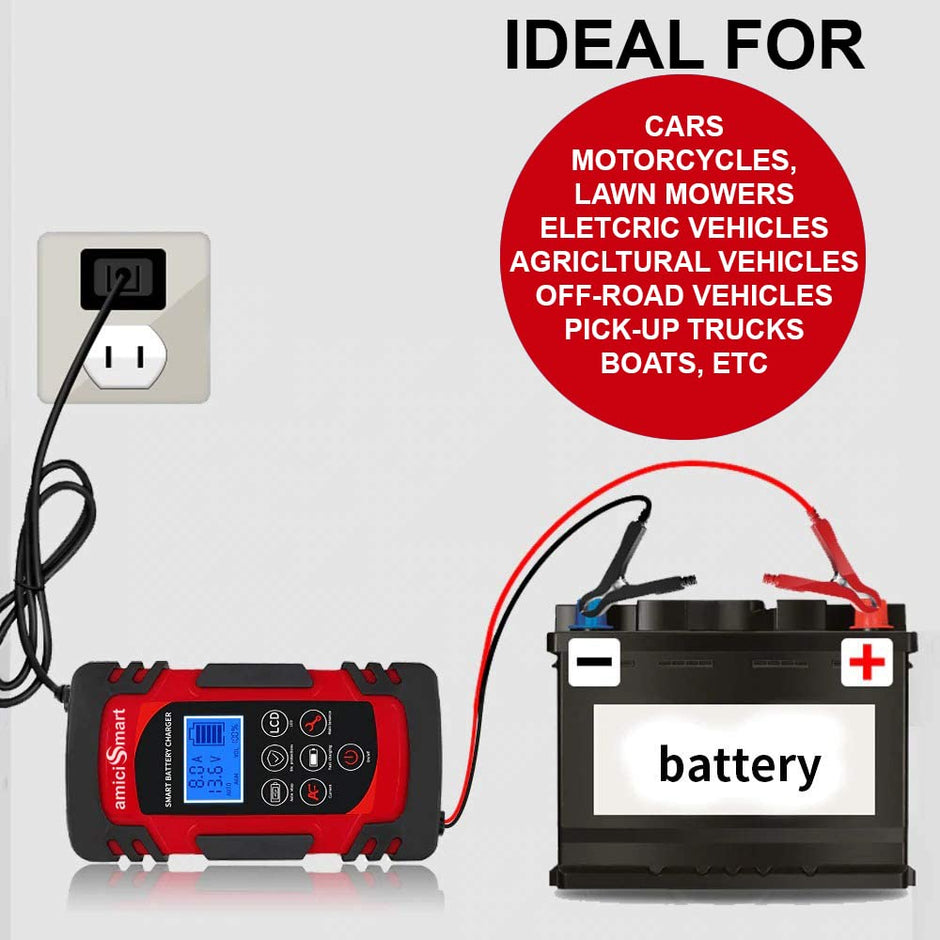 8A Automatic Car Battery Charger, 4-Stage Intelligent Battery Maintainer (12V/24V-Lead Acid Battery)