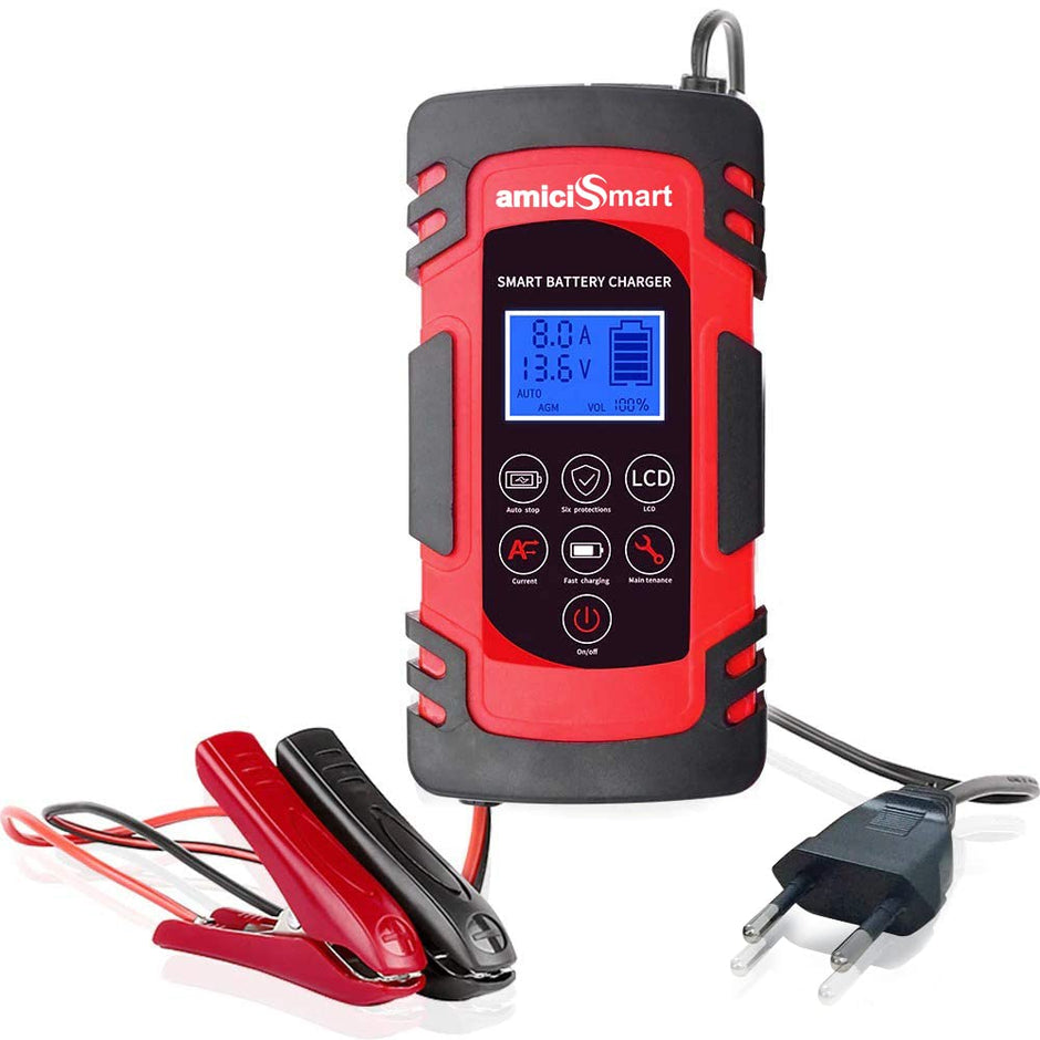 8A Automatic Car Battery Charger, 4-Stage Intelligent Battery Maintainer (12V/24V-Lead Acid Battery)
