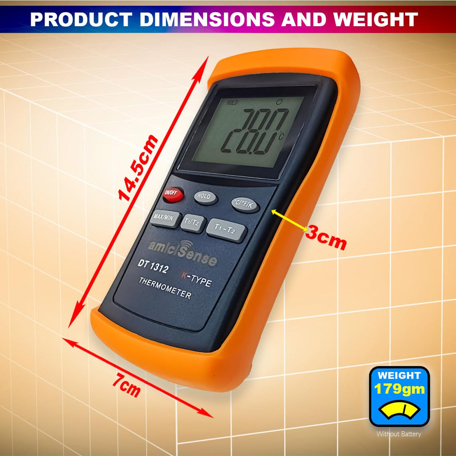 2-Channel K-Type Thermocouple Thermometer, -200°C to 1370°C, High Precision Handheld Temp Meter with 4×AAA Batteries
