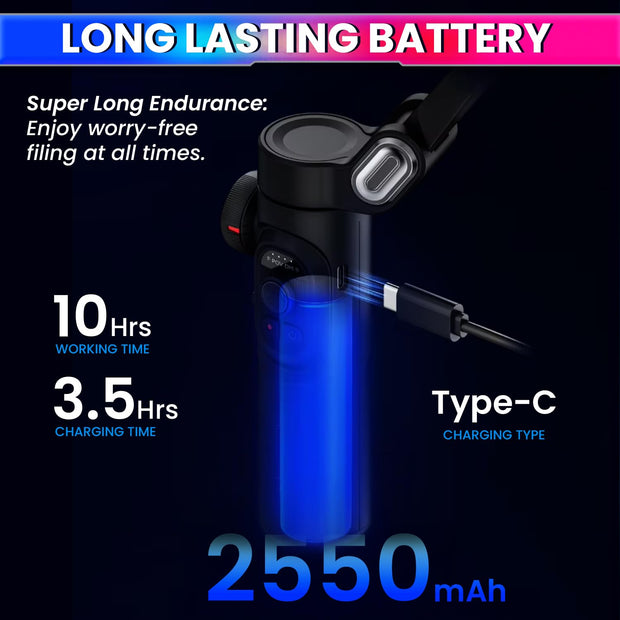amiciVision 3-Axis Foldable Smartphone Gimbal Stabilizer-2550mAh Battery,Anti-Shake 7.0,Face/Object Tracking,Zoom Wheel,Supports 250g,55–90mm Phones