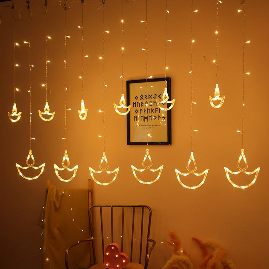 Cool White Diya Curtain String Light with 138 LEDs, 6 Big + 6 Small Diyas with 8 Modes, Extendable amiciKart c0tmiz-hs.myshopify.com
