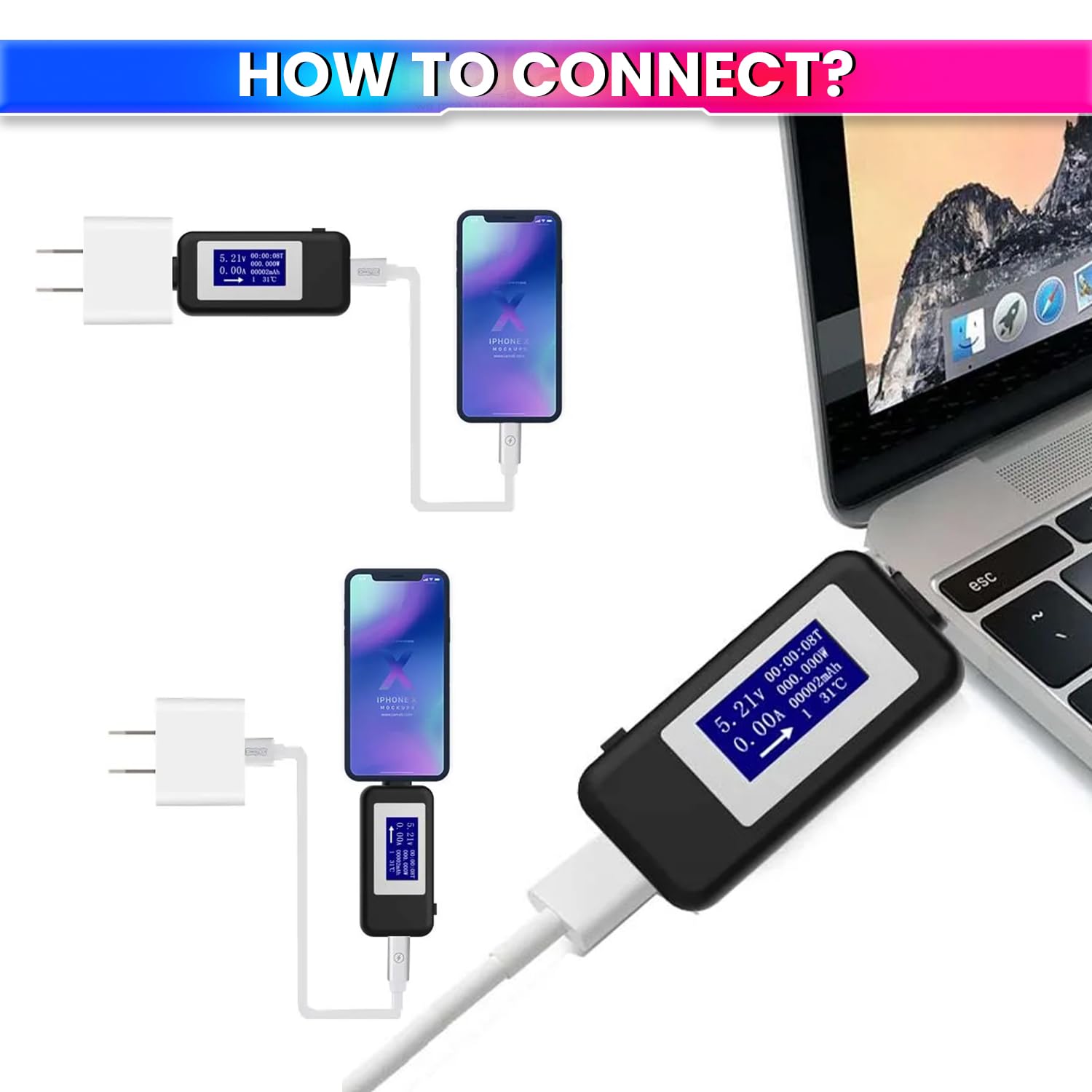 6-in-1 Digital USB Type-C Tester | Real-Time Display of Voltage, Current, Power, Capacity (mAh)