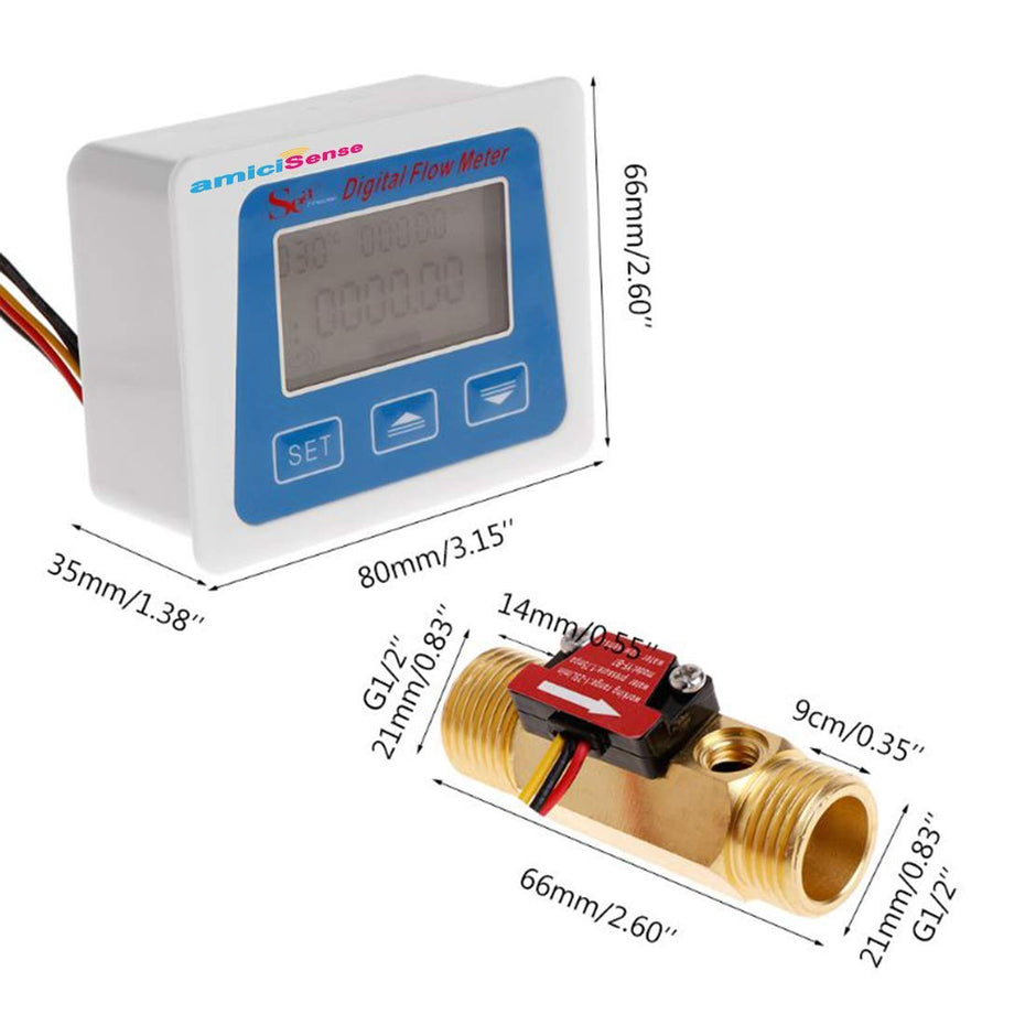 amiciSense Flow Meter, Digital Display Quantitative Controller with G1/2 Sensor, Stop Valve, Power Adapter for Water, Oil, etc. (For All Liquids)